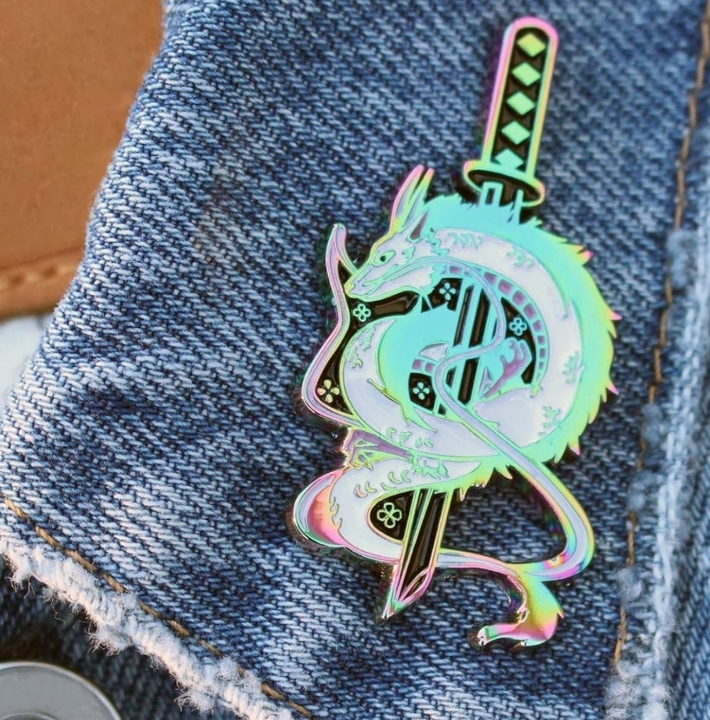 Iridescent Dragon Sword Enamel Pin - Green & Pink Holographic Women's Jewelry